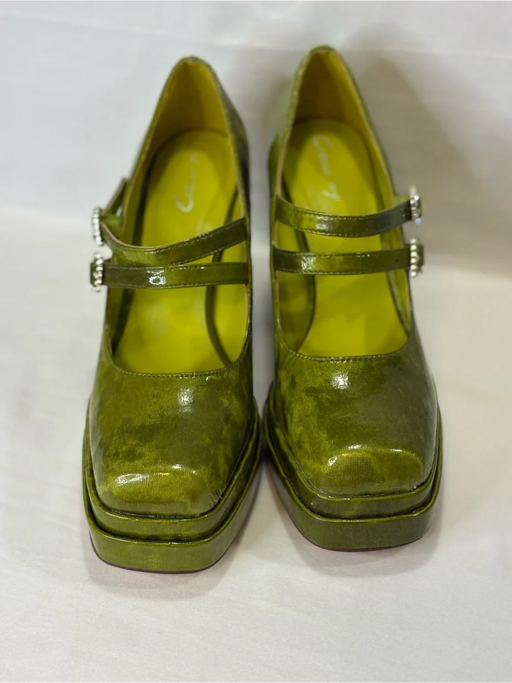 CIRCUS Chartreuse Patent Platform Mary Jane Pumps Crystal Buckles 6.5 EUC $159